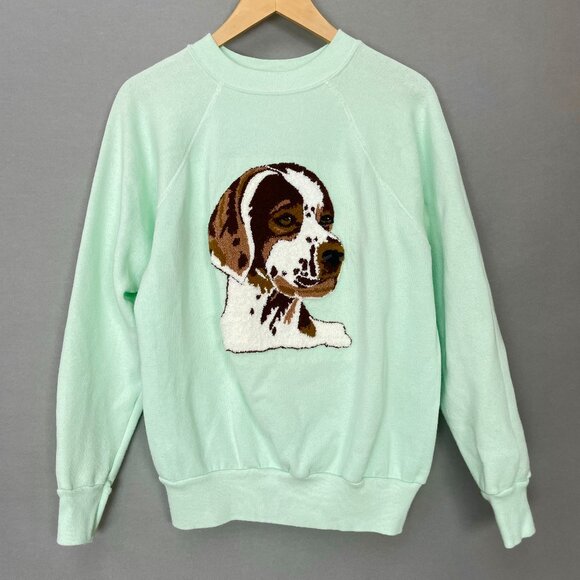 Vintage Dog Sweatshirt Punch Needle Embroidery 3-D Size Large‎ Light Green Top - Picture 1 of 13
